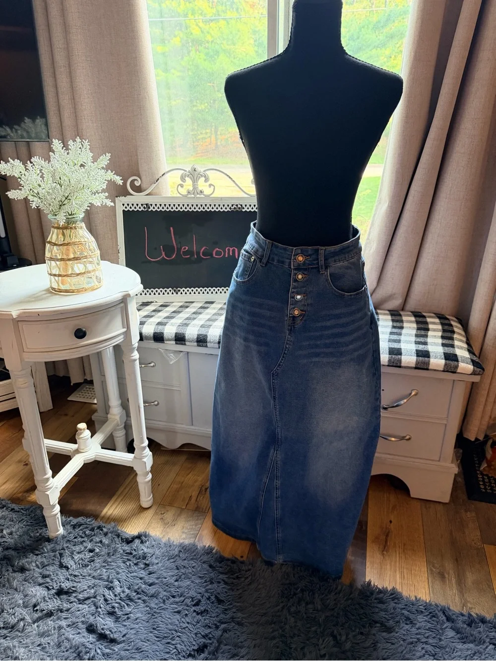 High-Waist Button-Front Denim Maxi Skirt - Dark Blue size 8